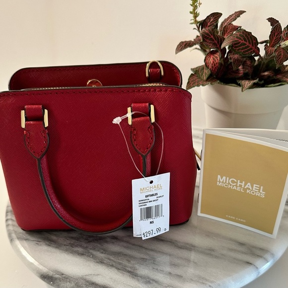 NWT Michael Kors Mini Red Scarlet Savannah Saffiano LeatherTop Double Handle Bag - Picture 8 of 16
